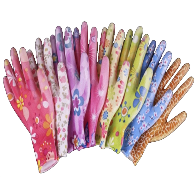 Full Flower Printing 13 gauge Polyester Shell Pu Coated Safety Work Gloves